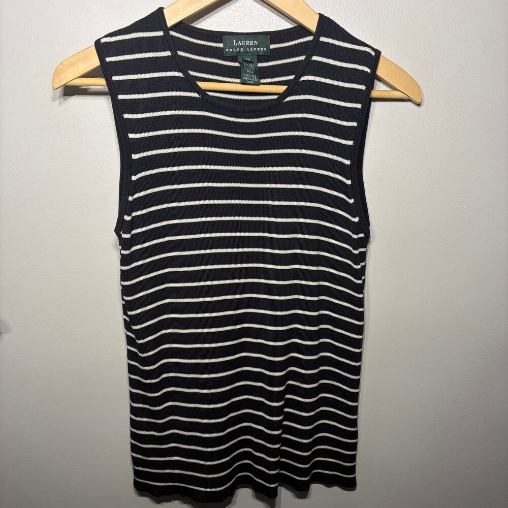 VTG Lauren Ralph Lauren Sweater Knit Silk Black Stripe Sleeveless Old Money M